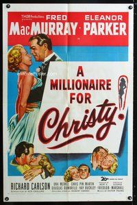 3e443 MILLIONAIRE FOR CHRISTY one-sheet movie poster '51 Fred MacMurray embraces Eleanor Parker!