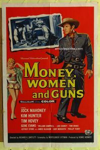 3e452 MONEY, WOMEN & GUNS one-sheet poster '58 cowboy Jock Mahoney w/revolver, cool gambling image!