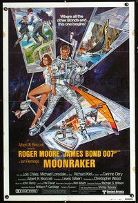 3e455 MOONRAKER int'l; B one-sheet '79 art of Roger Moore as James Bond with Jaws & sexy babes!