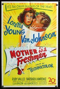3e460 MOTHER IS A FRESHMAN 1sh '49 art of Loretta Young & Van Johnson, the cheer leader of the year