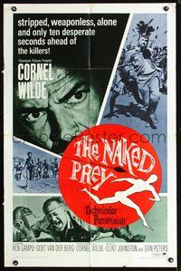 3e478 NAKED PREY one-sheet '65 Cornel Wilde stripped and weaponless in Africa running from killers!