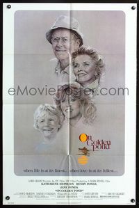 3e513 ON GOLDEN POND 1sh '81 art of Katharine Hepburn, Henry Fonda, and Jane Fonda by C.D. de Mar!