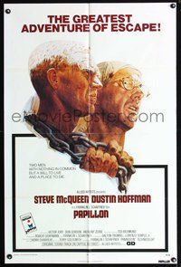 3e533 PAPILLON one-sheet movie poster '73 great Tom Jung art of Steve McQueen & Dustin Hoffman!
