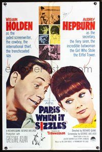 3e536 PARIS WHEN IT SIZZLES one-sheet '64 great close-up of Audrey Hepburn William Holden in France!