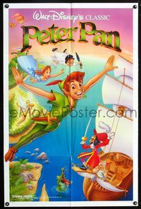 3e542 PETER PAN one-sheet R89 Walt Disney animated cartoon fantasy classic, great full-length art!