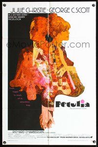 3e544 PETULIA one-sheet movie poster '68 cool artwork of pretty Julie Christie & George C. Scott!