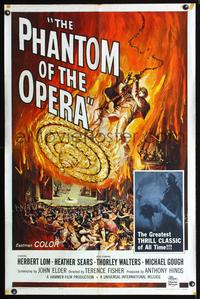 3e546 PHANTOM OF THE OPERA one-sheet '62 Hammer horror, Herbert Lom, cool art by Reynold Brown!