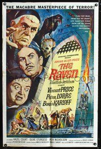 3e593 RAVEN one-sheet '63 artwork of Boris Karloff, Vincent Price & Peter Lorre by Reynold Brown!