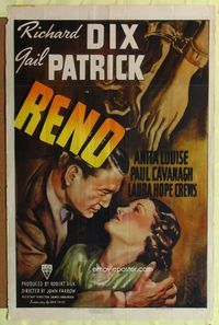 3e604 RENO one-sheet poster '39 art of Richard Dix holding Gail Patrick + shackled arms, gambling!