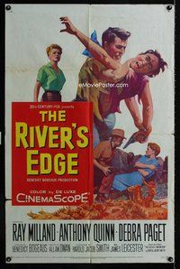 3e617 RIVER'S EDGE one-sheet poster '57 Ray Milland & Anthony Quinn fighting on cliff, Debra Paget