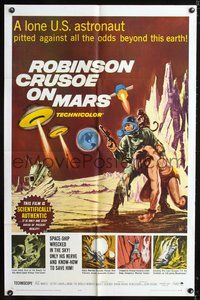 3e620 ROBINSON CRUSOE ON MARS one-sheet '64 cool art of Paul Mantee & his man Friday Victor Lundin!