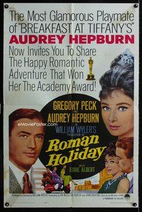 3e628 ROMAN HOLIDAY one-sheet R62 Gregory Peck, Audrey Hepburn, is the most glamorous playmate!