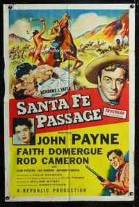3e643 SANTA FE PASSAGE one-sheet poster '55 romantic art of John Payne & Faith Domergue, Rod Cameron