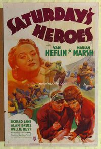 3e646 SATURDAY'S HEROES 1sheet '37 great artwork of college football player Van Heflin, Marian Marsh