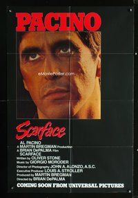 3e650 SCARFACE advance 1sheet '83 close-up of Al Pacino as Tony Montana, Brian De Palma, Oliver Stone