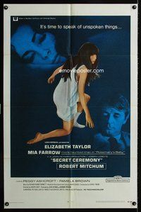 3e656 SECRET CEREMONY one-sheet '68 Elizabeth Taylor, sexy Mia Farrow, Robert Mitchum, Joseph Losey