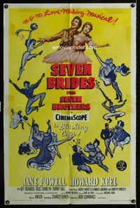 3e663 SEVEN BRIDES FOR SEVEN BROTHERS 1sh R62 art of Jane Powell & Howard Keel, classic MGM musical