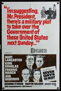 3e664 SEVEN DAYS IN MAY 1sheet '64 art of Burt Lancaster, Kirk Douglas, Fredric March & Ava Gardner