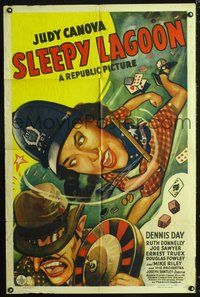 3e698 SLEEPY LAGOON one-sheet poster '43 wacky art of Judy Canova slugging crook with billy club!