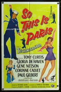 3e707 SO THIS IS PARIS one-sheet '54 sailor Tony Curtis is on leave and in love with Gloria DeHaven!