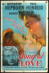 3e711 SONG OF LOVE one-sheet movie poster '47 Katharine Hepburn & Paul Henreid kiss, Robert Walker
