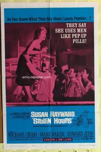 3e749 STOLEN HOURS one-sheet movie poster '63 Susan Hayward, they say she uses men like pep pills!