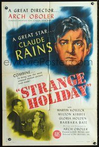 3e755 STRANGE HOLIDAY 1sh '46 portrait art of great star Claude Rains, great director Arch Oboler!