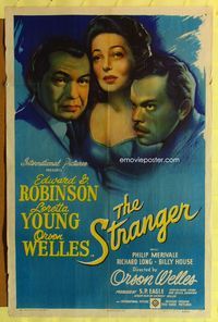 3e756 STRANGER 1sheet '46 cool close up artwork of Orson Welles, Edward G. Robinson & Loretta Young!
