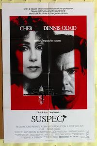 3e780 SUSPECT one-sheet movie poster '87 lawyer Cher gets involved with juror Dennis Quaid!