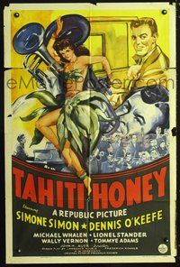 3e800 TAHITI HONEY one-sheet poster '43 sexy artwork of dancing Simone Simon in wild outfit w/ band!