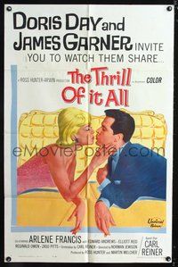 3e843 THRILL OF IT ALL one-sheet poster '63 wonderful artwork of Doris Day kissing James Garner!