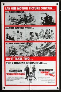 3e849 THUNDERBALL/YOU ONLY LIVE TWICE one-sheet '71 Sean Connery's two biggest James Bonds of all!