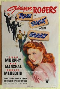 3e863 TOM, DICK & HARRY 1sheet '41 close up art of pretty Ginger Rogers, Murphy, Marshal, Meredith