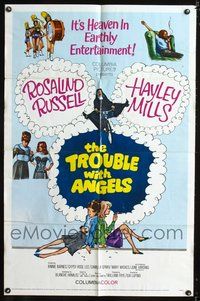 3e884 TROUBLE WITH ANGELS one-sheet '66 art of Hayley Mills on bike with nun Rosalind Russell!