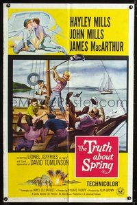 3e887 TRUTH ABOUT SPRING one-sheet '65 daughter Hayley Mills with father John Mills, cool art!