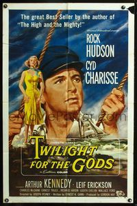 3e890 TWILIGHT FOR THE GODS one-sheet '58 great artwork of Rock Hudson & sexy Cyd Charisse on beach!