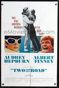 3e893 TWO FOR THE ROAD 1sheet '67 Audrey Hepburn & Albert Finney embrace, directed by Stanley Donen!