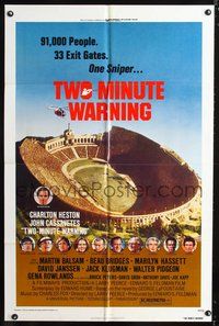 3e894 TWO MINUTE WARNING one-sheet '76 Charlton Heston, John Cassavetes, sniper at football game!