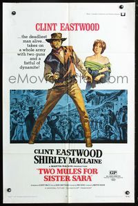 3e895 TWO MULES FOR SISTER SARA 1sheet '70 cool art of gunslinger Clint Eastwood & Shirley MacLaine