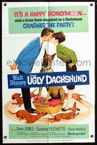 3e897 UGLY DACHSHUND one-sheet poster '66 Walt Disney, great art of Great Dane with wiener dogs!