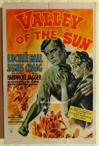 3e904 VALLEY OF THE SUN one-sheet '42 art of Lucille Ball holding onto tough cowboy James Craig!