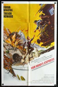 3e913 VON RYAN'S EXPRESS one-sheet '65 cool art of Frank Sinatra chasing train while being shot at!