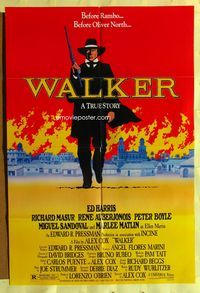3e917 WALKER one-sheet movie poster '87 great image of Ed Harris walking away from burning city!