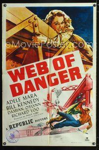 3e926 WEB OF DANGER one-sheet poster '47 cool art of sexy Adele Mara in trouble high up in the sky!
