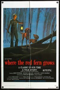 3e934 WHERE THE RED FERN GROWS one-sheet '74 great art of boy & dogs in forest by Ralph McQuarrie!