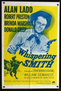 3e937 WHISPERING SMITH one-sheet movie poster R56 close-up of double-fisted Alan Ladd