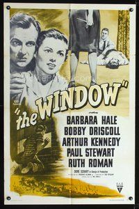 3e961 WINDOW one-sheet movie poster R57 film noir, Bobby Driscoll embraces Barbara Hale!