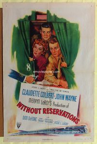 3e969 WITHOUT RESERVATIONS 1sheet '46 art of John Wayne, Claudette Colbert & DeFore behind curtain!