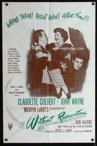 3e970 WITHOUT RESERVATIONS military one-sheet R53 he-man John Wayne holding Claudette Colbert!