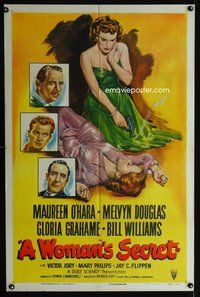 3e976 WOMAN'S SECRET one-sheet movie poster '49 Maureen O'Hara w/smoking gun in Nicholas Ray noir!